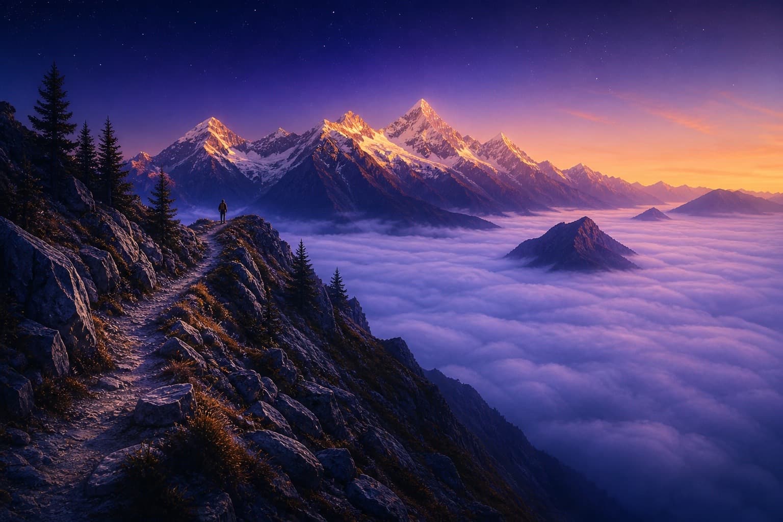 Ein Alpengrat im ersten Licht, über einem Nebelmeer