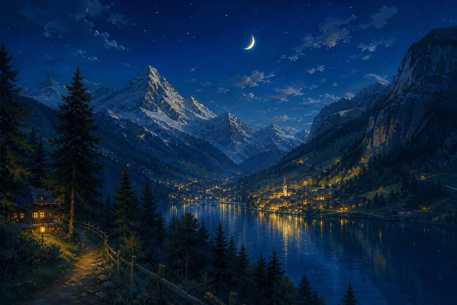 Ein Schweizer Bergdorf bei Nacht