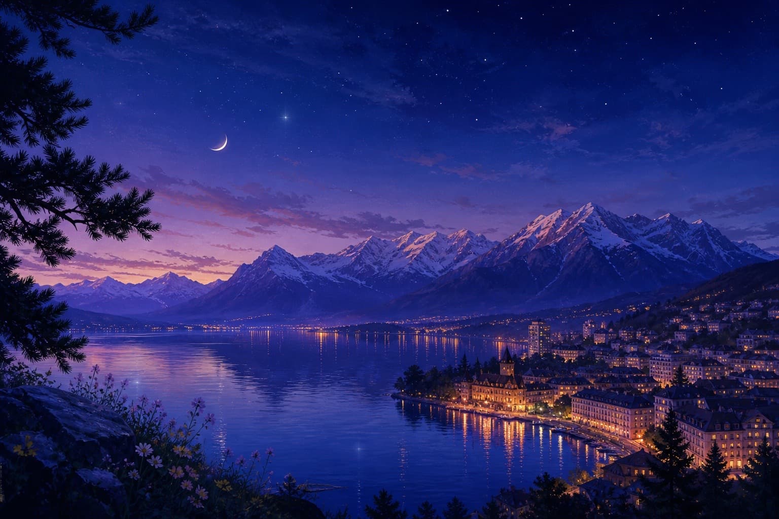 Der Genfersee und die Alpen in der Dämmerung, von Lausanne aus